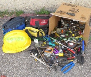 lot 40 image: Box full of Tools including Husky and Columbia tool bags