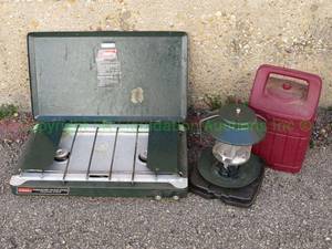lot 60 image: Coleman pressure regulated propane caming stove and Coleman propane camping lantern with case