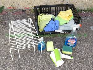 lot 65 image: Cleaning supplies and Metal shelf