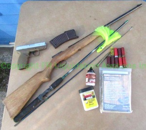 lot 1 image: Springfield. 22 Cal. Rifle for parts (missing bolt), Shotgun Shells, BB gun brass pellets, pellet pistol, and more