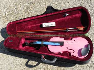 lot 4 image: Painted violin with bow and case, needs strings, and Presentville harmonica (key of C)