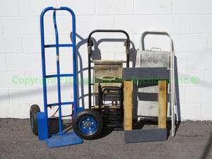 lot 146 image: Total Trolley handtruckstep ladder combination, blue metal hand truck (wheel needs repaired), and more
