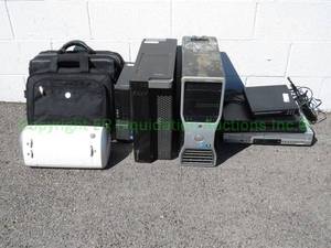 lot 141 image: Dell computers including Optiplex 7010, Precision T3600, Latitude E5430, DVD players, and portable printer