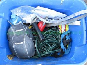 lot 136 image: Assorted tools, including Husky knee pads, Intex air pump, extension cords and more