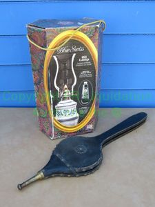 lot 106 image: Blue Swiss oil lamp and vintage bellow