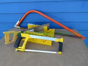 lot 120 image: Master Mechanic miter saw bow, Stanley metal hack saw, and metal bow saw