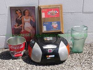 lot 121 image: Coca-Cola and NASCAR collectables, including Coca-Cola pitcher, NASCAR radioCD player, and more