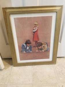 lot 153 image: Framed children playing marbles print - 19x23