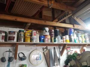 lot 275 image: Selection of paint, varnishes, and more on shelf (G)