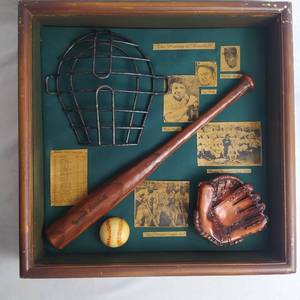 lot 215 image: THE HISTORY OF BASEBALL SHADOW BOX DISPLAY CASE (RUTH,COBB,PAIGE)WORLD CHAMPS