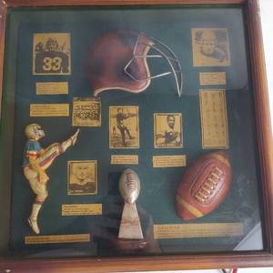 lot 216 image: VINTAGE NFL FOOTBALL WOODEN SHADOW BOX (BAUGH,MOTLEY,THORPE,HUTSON)