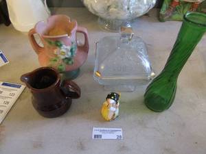 lot 28 image: Covered glass bowl Brown glass syrup or cream cup double handled Roseville Glass