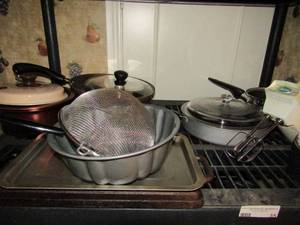 lot 35 image: Large lot of cake pans, mixer, sauce pan