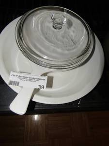 lot 39 image: Covered Corningware pan and 9corning pie plate