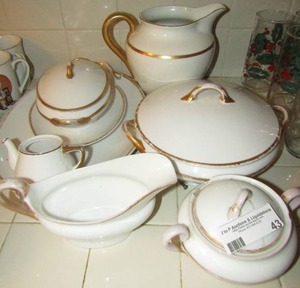 lot 43 image: Basset LIMOGE Serving Set-covered sugar bowl & creamer, gravy boat, pitcher, platter, 2 covered serving bowls