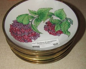 lot 60 image: 6 Japanese trifles, red berry design gold bottom