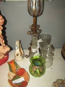 lot 69 image: 16 metal candle stands2 glass vases spoon rest