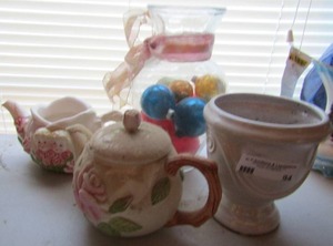 lot 94 image: Cotton Candy vase, pink rose teapot dbl head tea pot