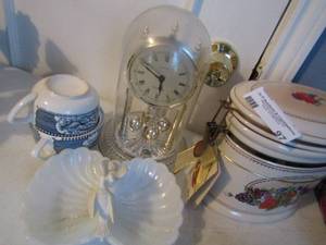 lot 97 image: Shortbread cookie jar with lid Linder Westminster clock Dove bowl divided dish