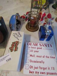 lot 100 image: Christmas lot- Santa ornaments, brass mouse, Santa canvas Assorted figurines