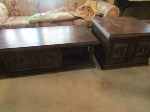 lot 76 image: Two brown solid wood end tables 20x27 with matching coffee tables 62x24