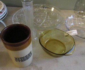 lot 131 image: Yellow Pyrex dish , candy bowl pie plate, star of David platter