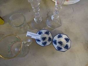 lot 133 image: 2 blue candle stick holders kitchen utensil holder 1 clear vase  2 candle stick holders