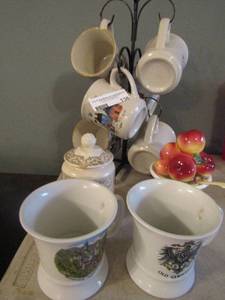lot 136 image: 6 matching coffee cups with hanger 2 old germany Bavarian mugs, sugar & creamer
