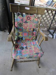 lot 114 image: Wooden rocking chair with seat and back cover 34x19