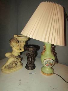lot 148 image: White church stand 12 , Dark brown Cherub 9 tall 22 bedside lamp with shade
