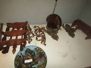 lot 154 image: 12 Diameter wall dcor plate, two 16 gold candle stick wall hangers heart shaped corner shelf 12  and 2  13 dbl candle wall sconces