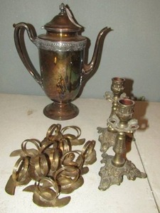 lot 166 image: First Love 1847 roger brothers EPNS 9501 silver tea pot, two 6 silver candle sticks and 12 brass napkin holder