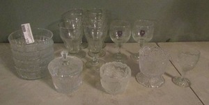 lot 170 image: 4 diamond cut bowls 1 covered sugar dish, 3  deca glasses 6 pear shaped wine glasses