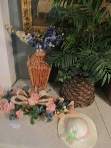 lot 171 image: 2 wicker basket planters, floral bill holder and  metal flower art