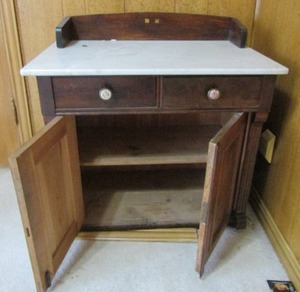 lot 176 image: 2 drawer marble top table  needs repair 32x30 x19