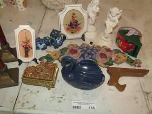 lot 188 image: Music box, blue saucers, 2 angels, red candle holders and more