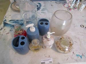 lot 186 image: Bathroom- soap dish, toothbrush holder vases, 3 tier candy dish