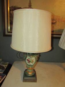 lot 193 image: Forrest green floral painted gold trim bed side lamp with shade 24