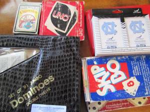 lot 207 image: set of 91 jumbo dominoes , skip bo cards, UNO and misc. toys