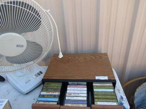 lot 223 image: Working bed side fan, cassette tape box full includes Country Opry oldies