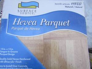 lot 225 image: Hevea Parquet # 49337 12x12 tongue in Grove Wood design tile x 2 new packs 10 square feet per