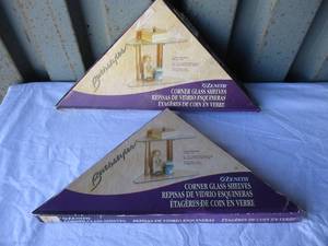 lot 77 image: 2- Zenth Bath Styles Model SS-40, 2 Shelf Glass and Brass Corner Shelfs- In Box