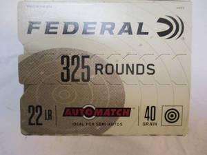 lot 58 image: Box Of- Federal-Auto Match, Target Grade .22 LR, 40-Gr. Lead Round Nose Cartridges, 325-Rounds Per Box.