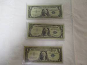lot 71 image: 3-1957 One Dollar Silver Certificates, 3- X Money
