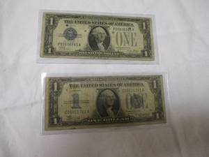 lot 67 image: 2- One Dollar Silver Certificates, 1-1928 And 1-1934