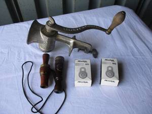 lot 89 image: Mixed Lot- Vintage Hand Grinder, 2-Duck Calls, And 2-Combiation Padlocks