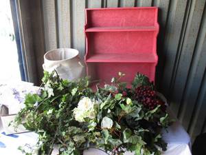 lot 90 image: Mixed Lot, Shop Made, 3 Shelf Wall Shelf, Folding Totes and Box of Plastic Ivy and Grapevines