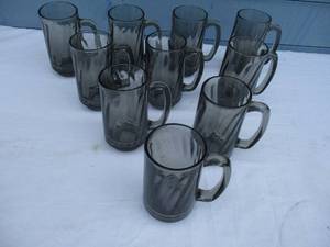 lot 157 image: Lot Of 10-Vintage Glass Drinking Glasses With Handles, Smokey Gray