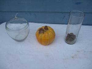 lot 163 image: Mixed Lot- Ceramic Pumpkin With Lid, Glass Container With Lid And Glass Flower Vase