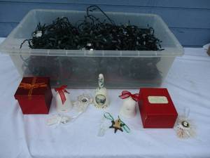 lot 167 image: Mixed Christmas lot Of 3-Hallmark Collectors Bells, Ornaments And Lights in Tub With Lid.
